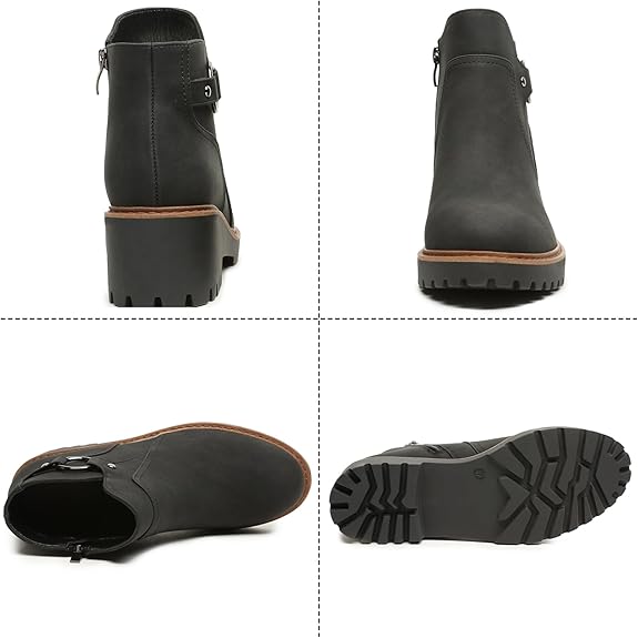 Womens Ankle Boots Chunky Low Heel Short Booties Comfortable Round Toe Dress Fall Boots with Side Zipper