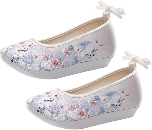 Chinese Style Silk Shoes Hanfu Embroidered Shoes Women Shoes Ethnic Style Wedge Heel Hanfu Cloth Shoes Footwear (White 36)