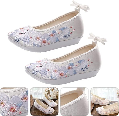 Chinese Style Silk Shoes Hanfu Embroidered Shoes Women Shoes Ethnic Style Wedge Heel Hanfu Cloth Shoes Footwear (White 36)
