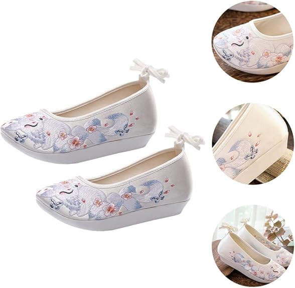 Chinese Style Silk Shoes Hanfu Embroidered Shoes Women Shoes Ethnic Style Wedge Heel Hanfu Cloth Shoes Footwear (White 36)