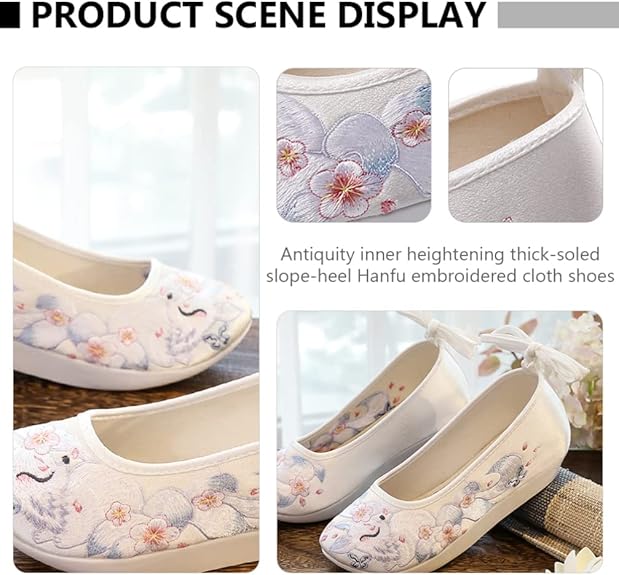 Chinese Style Silk Shoes Hanfu Embroidered Shoes Women Shoes Ethnic Style Wedge Heel Hanfu Cloth Shoes Footwear (White 36)