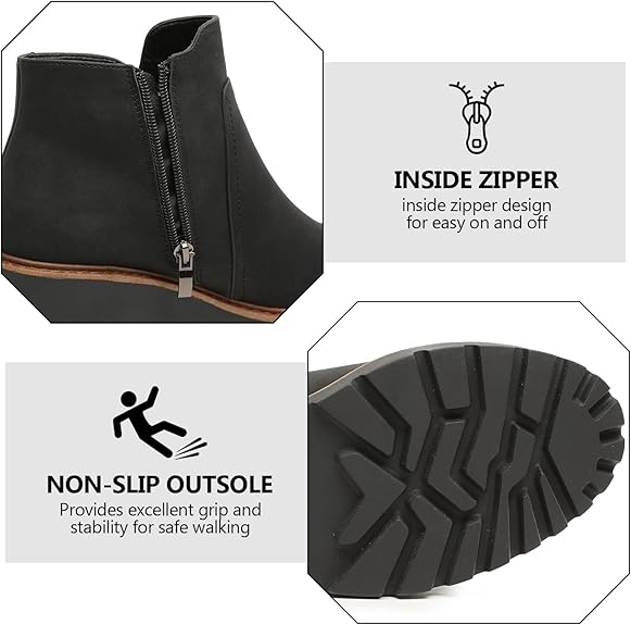 Womens Ankle Boots Chunky Low Heel Short Booties Comfortable Round Toe Dress Fall Boots with Side Zipper